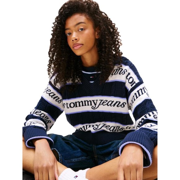 Women's Cotton V-Neck Sweater with Logo Print Casual Pullover - Picture 2 of 4